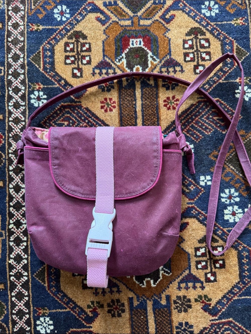 Besu homemade leather Plum Crossbody Bag with Light Pink Strap